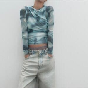 Zara Tie Dye Blue Ruched Tulle Top Size XS